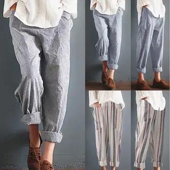 

Summer Women Baggy Striped Trousers Front Pockets Elastic Waist Harem Pants New Chic