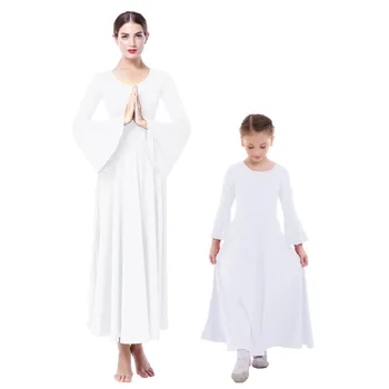 

White Praise Dress for Mother and Girl Family Matching Clothes Pleated Long Dresses Adult Child Church Liturgical Dance Dress