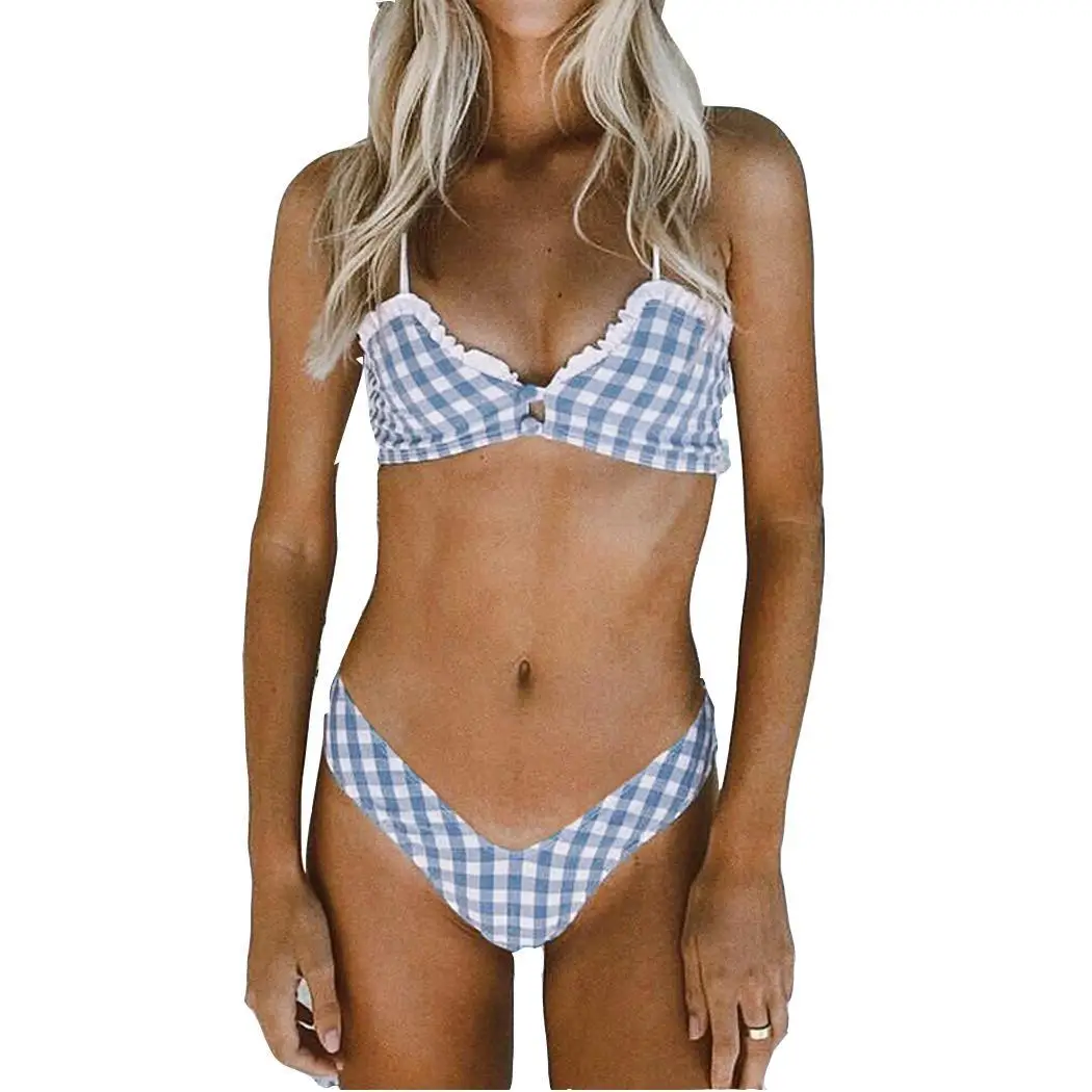 

Women Summer Blue Plaid Pattern Button Wire Free Padded Slim Deco Bikini Swimsuit Set Casual, Beach, Pool