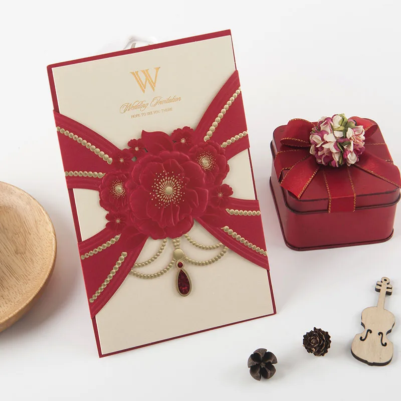 

10pcs Red Simple laser Cut Wedding Invitations Chinese Wedding Invitation Card Wedding Decoration Invitation Card With Flower
