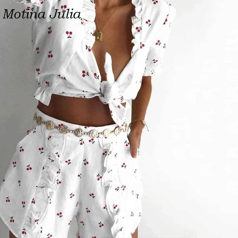 Женское пляжное платье с принтом вишни Motina Julia мини бантом и оборками уличная