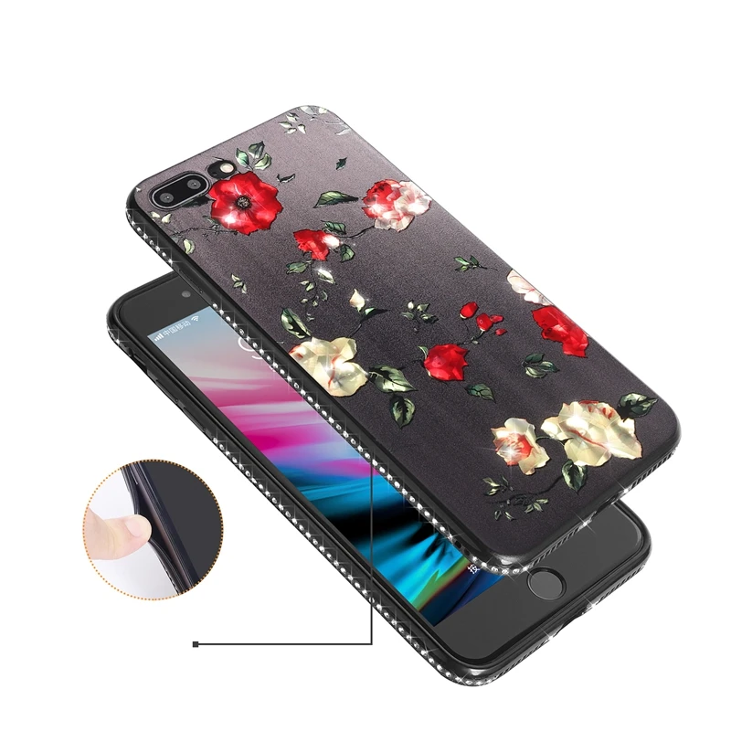 

Coque for iPhone 8 Glitter Rhinestone Phone Case on sFor Funda iPhone8 iPhone 6 6s 7 8 Plus Apple X 10 Painted Rose Case Cover