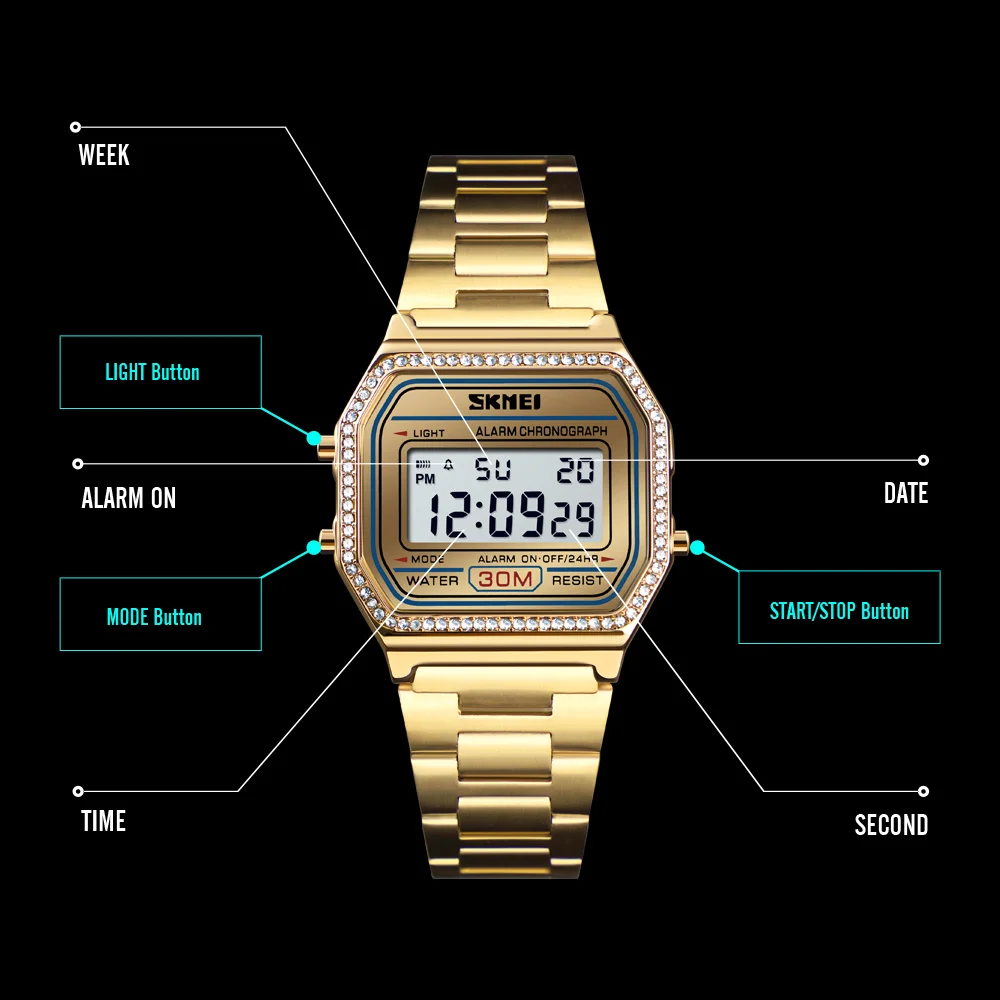 SKMEI Brand Watch Women Digital Wristwatches Stainless Steel Band LED Digital Watch Square Sport Watches Women