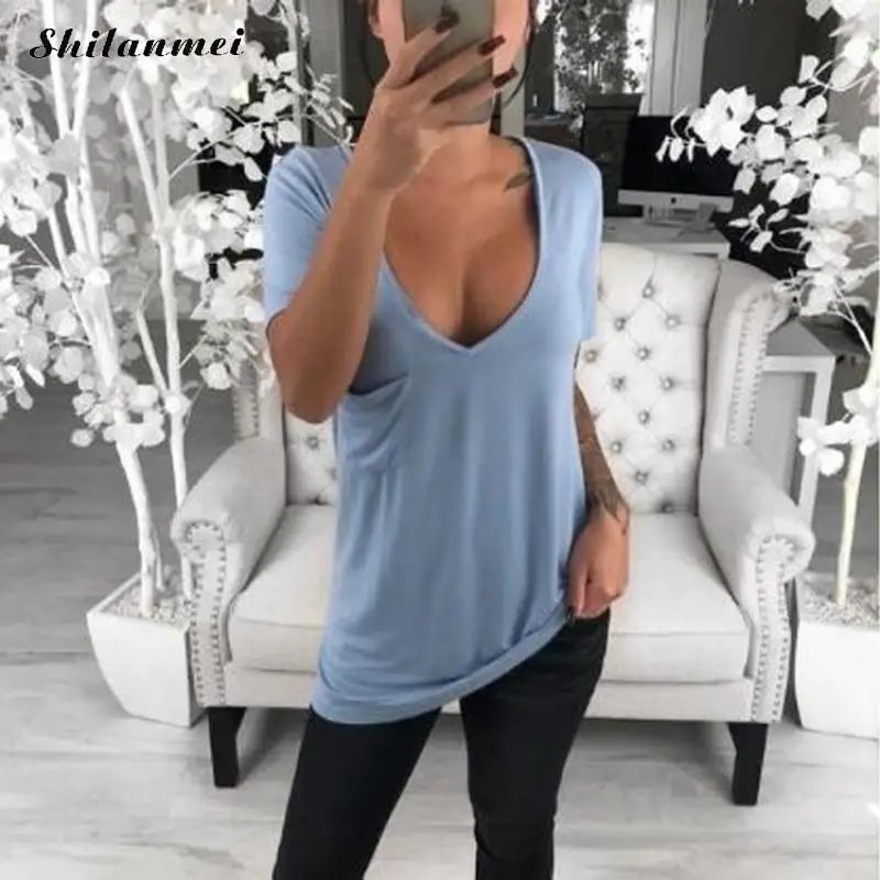 زائد حجم 5XL 4XL T قميص المرأة 2019 مثير عميق V الرقبة الصيف السببية T قميص فام قصيرة الأكمام الصلبة اللون فضفاضة الأساسية المحملة القمم