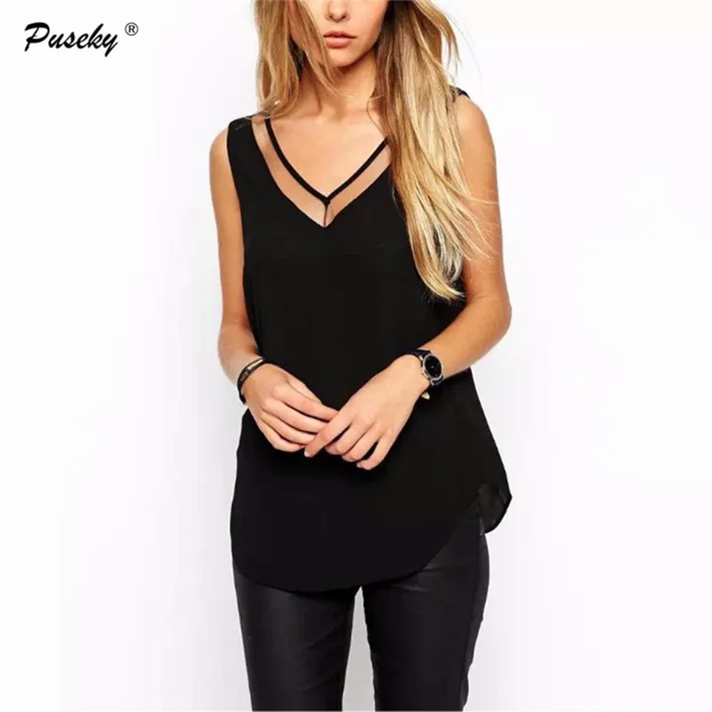 

blusa !!! womens tops fashion 2017 summer chiffon Casual Sleeveless Deep V Neck Chiffon Blouse Ladies Tops black and white 2017