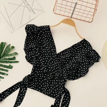 

2019 Women Short Sleeve Lace Up Blouse Top Dot Print V-Neck Shirts Ruffles Chiffon Blouse