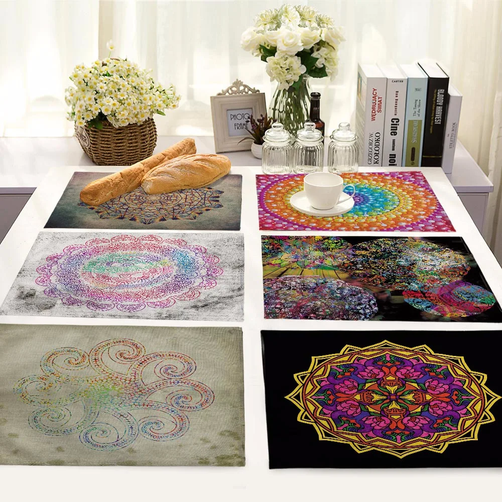 

Colorful Mandala Patterns Table Mat Rectangle Linen Placemat for Dining Kitchen Accessories Decoration Home Table Drink Coasters
