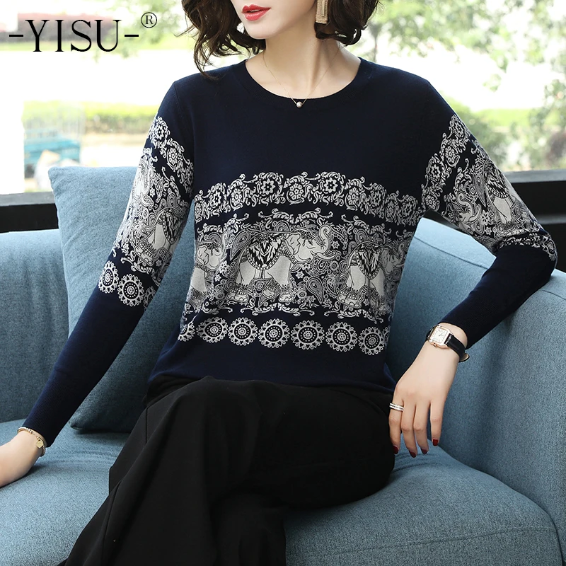 

YISU Spring Autumn Knitted sweaters Women Long Sleeves O neck Elephant Printed sweater Womens Pullovers Loose Female Sweaters