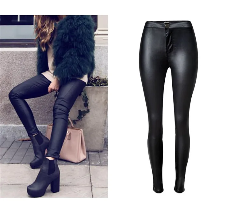 The popular high waist buckles does not have the pocket autumn winter jogger style imitation leather small feet pants big code (3)