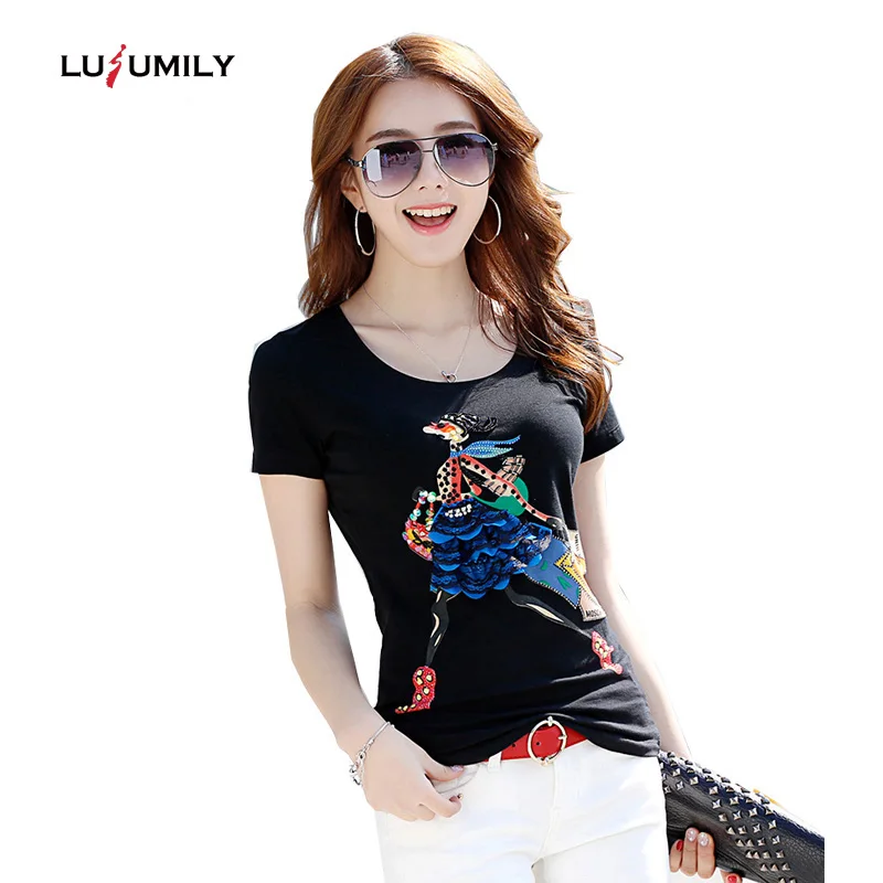 

Lusumily summer women tshirt 2019 fashion sequins harajuku t shirt cotton shirts sequins plus size tops black white tee female