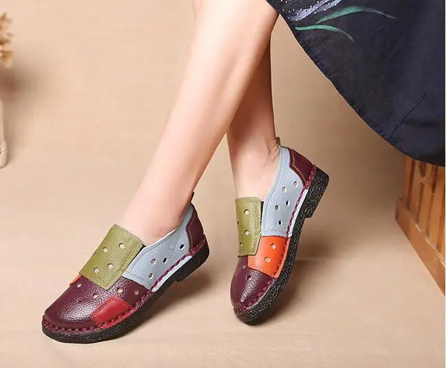 Женская обувь на плоской подошве из натуральной кожи в стиле ретро; Прошитые вручную лоферы с мягкой подошвой; женская повседневная обувь; удобная женская обувь на плоской подошве