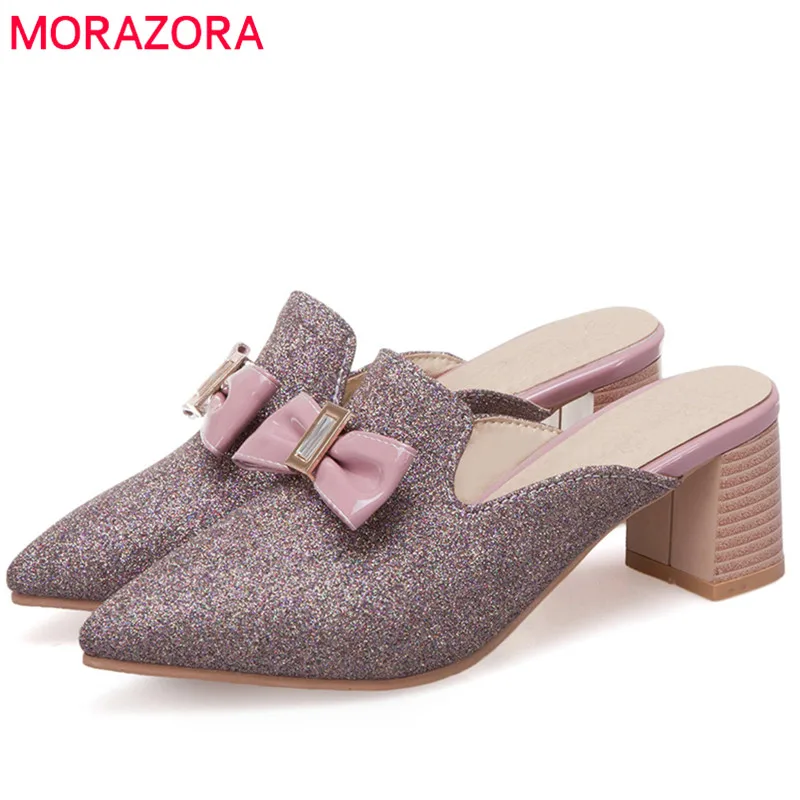 

MORAZORA 2019 new fashion style slingback sandals women shoes pointed toe bowknot summer shoes high heels mule shoes woman
