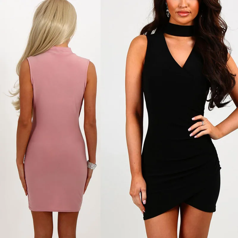 New Women V Neck Bodycon Mini Dress Sleeveless Summer Party Cocktail Short Dress