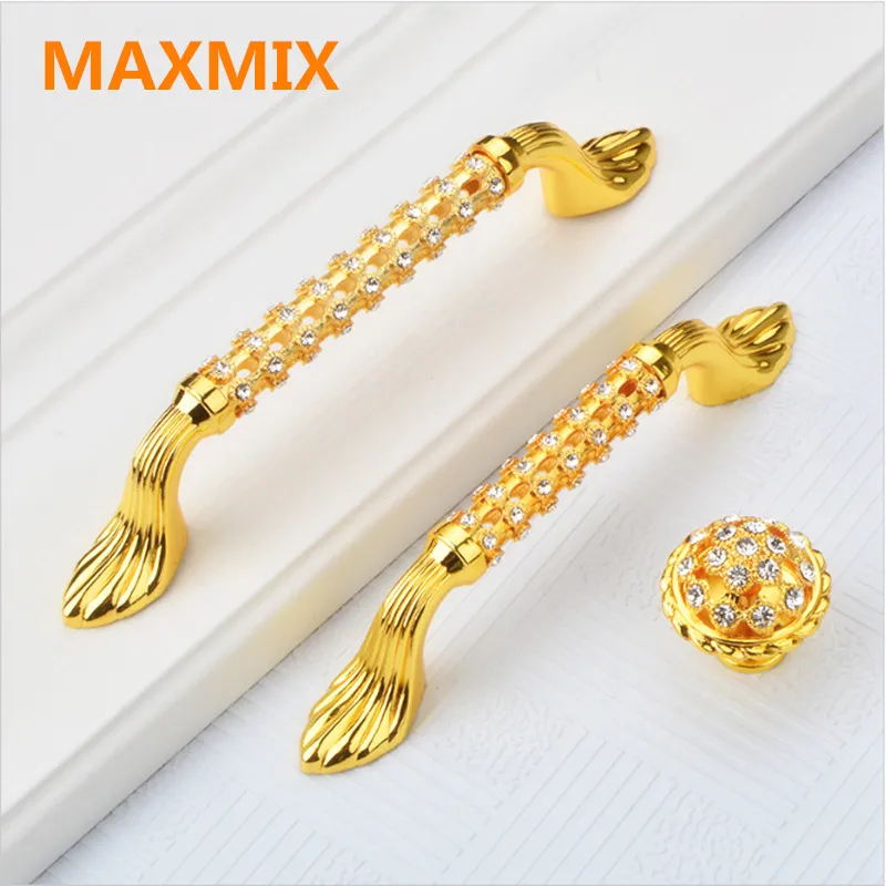 

MAXMIX 1pcs 24K gold rhinestone win cabinet dresser door handle glass diamond drawer knob pull fashion deluxe furniture handle