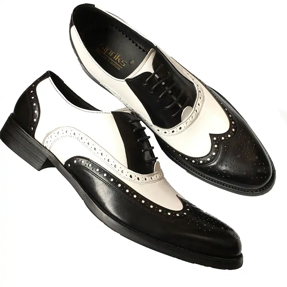 black and white wingtip tuxedo shoes