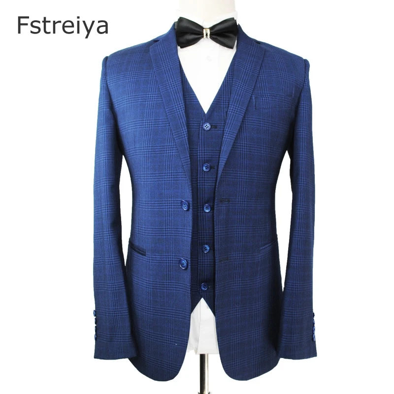 Customized men suit blue plaid groom suits tailored slim fit wedding suit with pants costume homme 3 pieces (jacket+pants+vest)