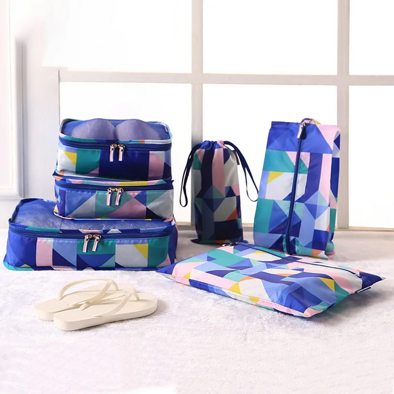 

HEFLASHOR 6PCs Blue Polyester Geometric Serie travel bag Suit Luggage Storage bag Portable Goods Clothing Storage Set Waterproof