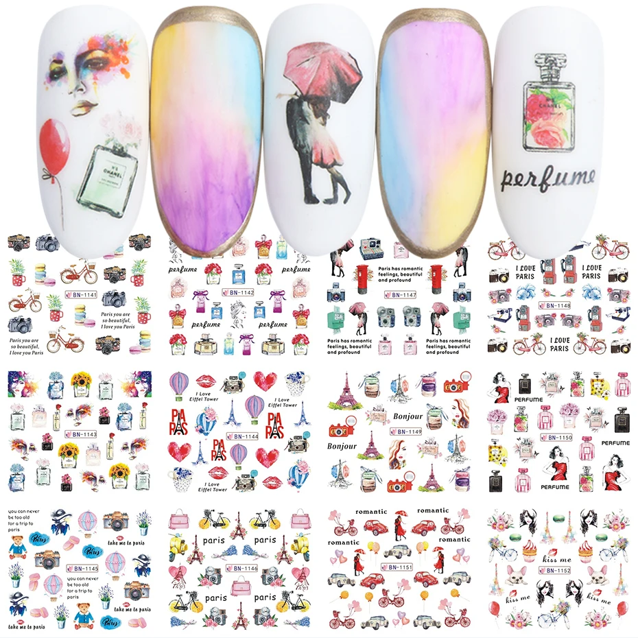 

12 Types Romantic Paris Stickers for Nails Perfume Flower Balloon Transfer Water Decals Nail Art Decoration Wraps LEBN1141-1152
