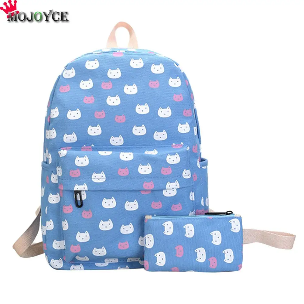 2pcs/set Cute Cat Canvas Backpack Cartoon Embroidery Backpacks For