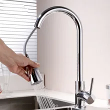 Modern Chrome Finish Pull-Out Hot and Cold Kitchen Sink Faucet Mixer Water Tap Deck Mounted for mttuzk free shipping black and chrome finish kitchen sink led faucet deck mount pull out dual sprayer nozzle hot cold mixer taps