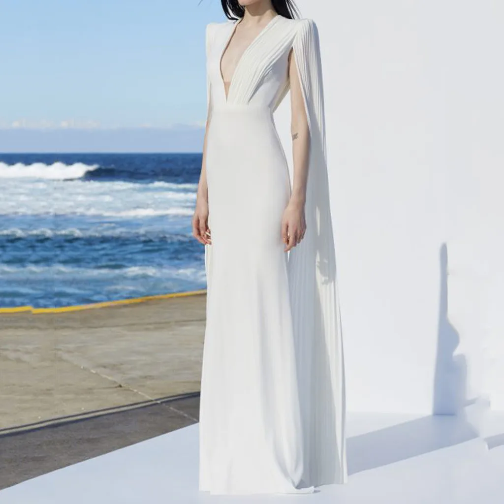 

Women Sexy Showback Elegant Deep V-Neck White Evening Party Dress Sleeveless Neckless Shoulder pad Slim Wedding Long Dresses