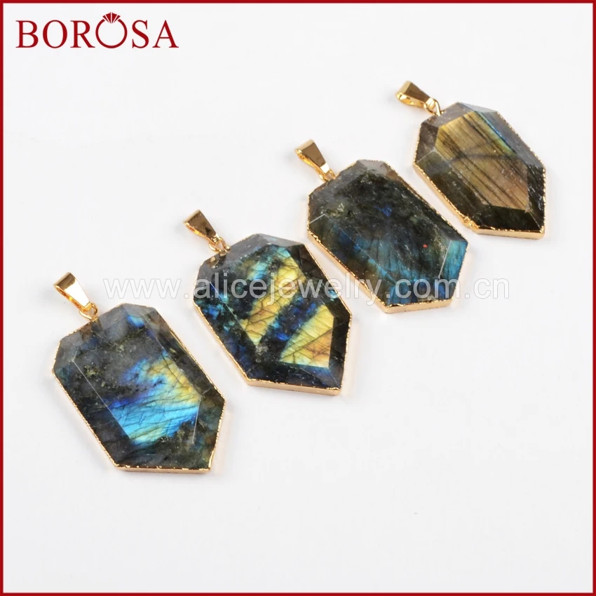 

BOROSA Exclusive Gold Color Pendants Shield Shape Natural Labradorite Faceted Pendant Gold Quartz Druzy Pendant Beads G476