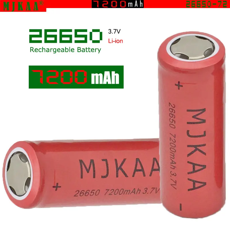 2 шт аккумулятор высокой емкости 26650 7200mAh 3,7 V 26650 литий-ионная аккумуляторная батарея Baterias Bateria red