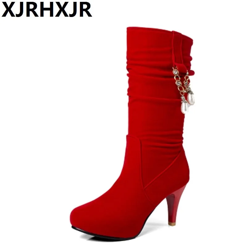 

XJRHXJR Sexy Rhinestone Mid Calf Boots Black Red Big Size 30-43 Thin High Heels Shoes Woman Fashion Thigh Boots Winter Shoes