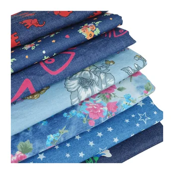

Soft Printed Flowers Washed Denim Jeans Fabric Sewing Dress Coat Clothing Fabric 100% Cotton Fabric 240g/ M 140 *100cm