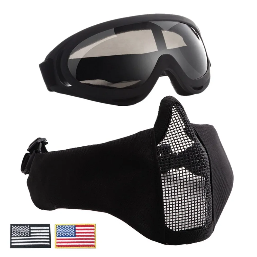 

Lightweight Half Metal Steel Mesh Face Mask And UV400 Goggles+Armband Set For Tactical Hunting Paintball Shooting
