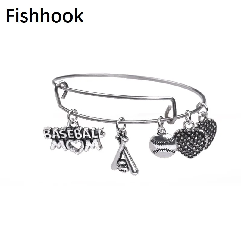 

Fishhook Sporty Jewelry Bracelets Basketball Mom&Heart&Baseball Bat Charms Bracelet Stainless Steel Wire Bangle For Women Gifts