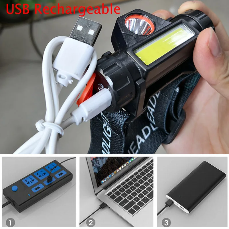 Высокая мощность USB Перезаряжаемый фронтальный налобный мини-светильник-вспышка, головной светильник, 2 светодиодный COB XPE аккумулятор, фонарь для бега, кемпинга