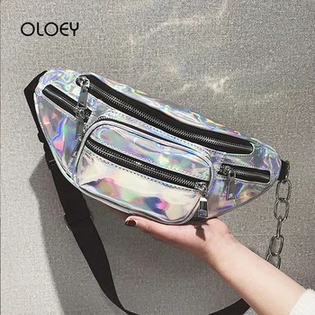 

Casual Chain Leather Fanny Pack Women Laser Waist Bag Fashion Waterproof Antitheft Shopping Band Multi-function Belt Chest Bag