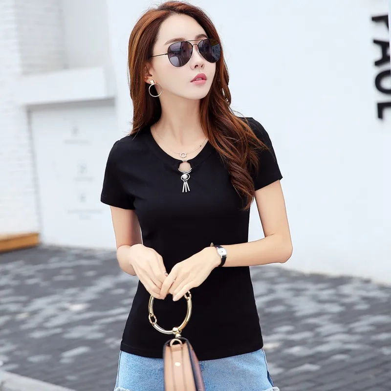Летние футболки для женщин 2018 корейские модные женские отверстие тенниска с