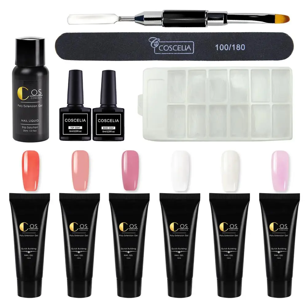 

COSCELIA Set For Nail Art 6 Pcs Poly UV Gel Kit Top Base Coat Extension Gel Kit Nail Tip 15ml Poly Gel