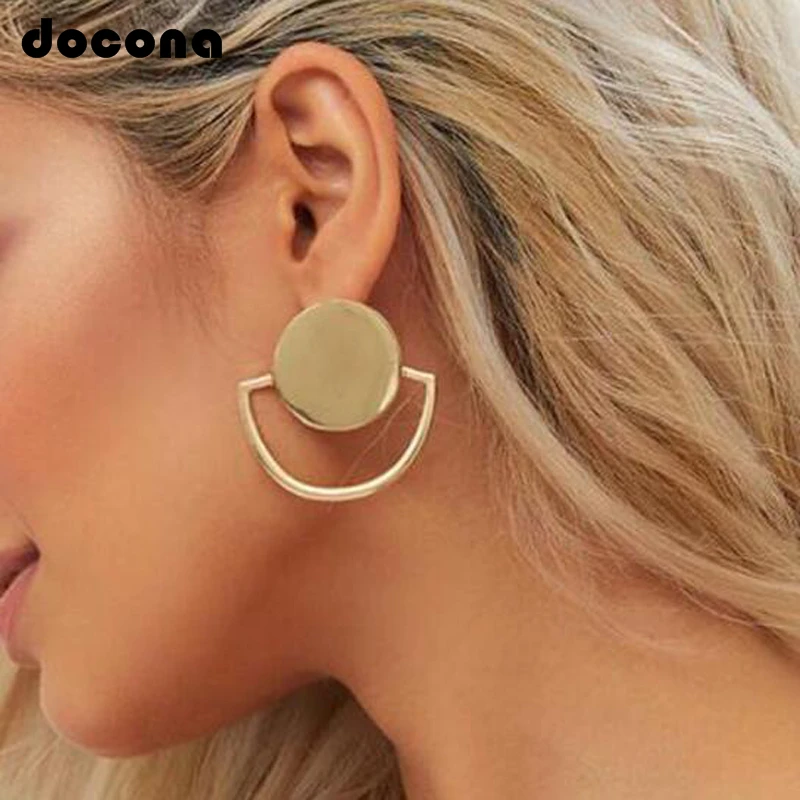 

Docona Punk Gold Color Half Round Stud Earring for Women Simple Geometric Studs Earrings Statement Jewelry Brincos 5981