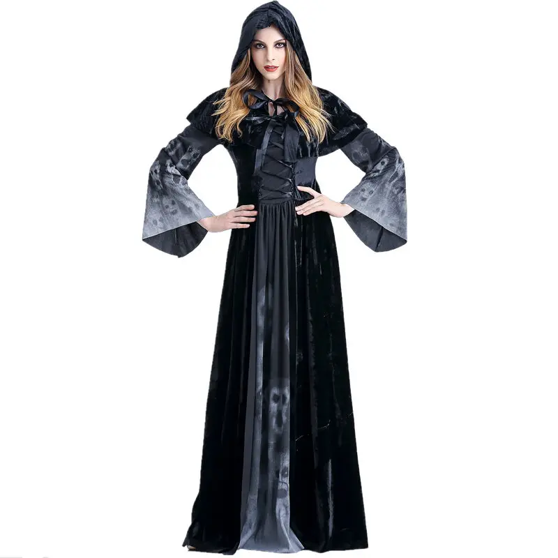 

Adult Womens Halloween Scary Witch Cosplay Hoodies Costumes Female Vampire God Of Death Grim Reaper Long Dress Party Costumes