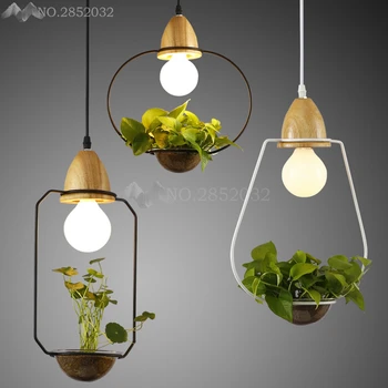 

Modern Led Pendant lamps Simple Wooden E27 Holder,Wrought Iron 3 Kinds Plant Pot Creative Hanging Lights Fixture Bar Restaurant