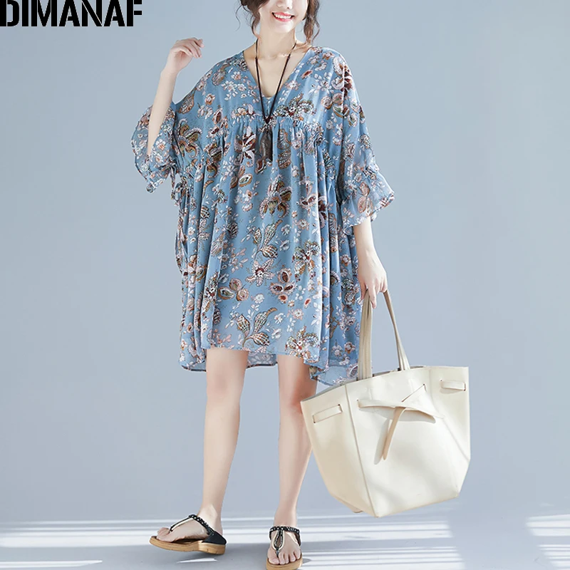 

DIMANAF Plus Size Women Blouse Summer Chiffon Elegant Lady V-Neck Vestidos Female Print Floral Tops Shirts Loose Casual Pleated