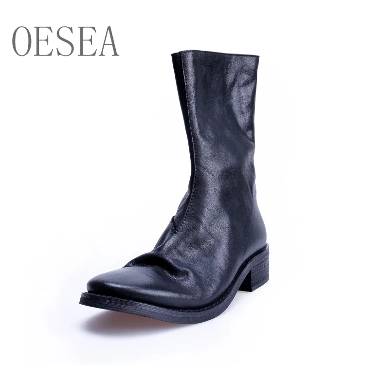 

New HOT 2018 high-end generous personality back zipper boots leather boots round toe square heel upper foot comfort wild