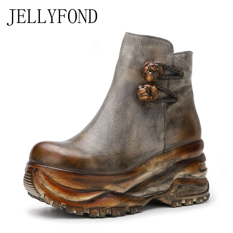 

2018 Autumn Genuine Leather Platform Wedge Boots Women Designer Handmade Cowhide Vintage Shoes Woman High Heels Ankle Boots