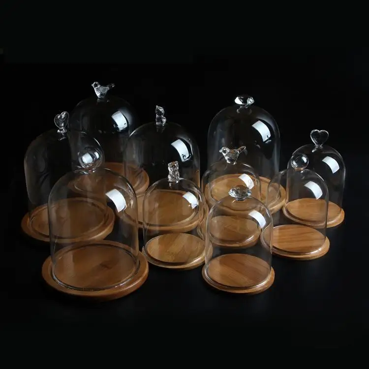 

Wholesale Large Cylinder Glass Dome Cover With Bamboo Plate Display Showcase 6 Inch Height Souvenir Dessert Cake Flower Holder