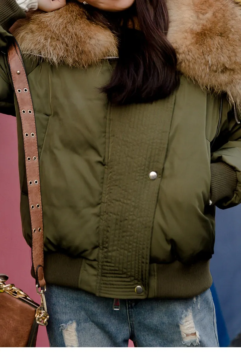 Женская модная куртка на утином пуху с большим воротником из меха енота, короткий стиль, армейский зеленый цвет, женская зимняя парка с большим меховым отложным воротником