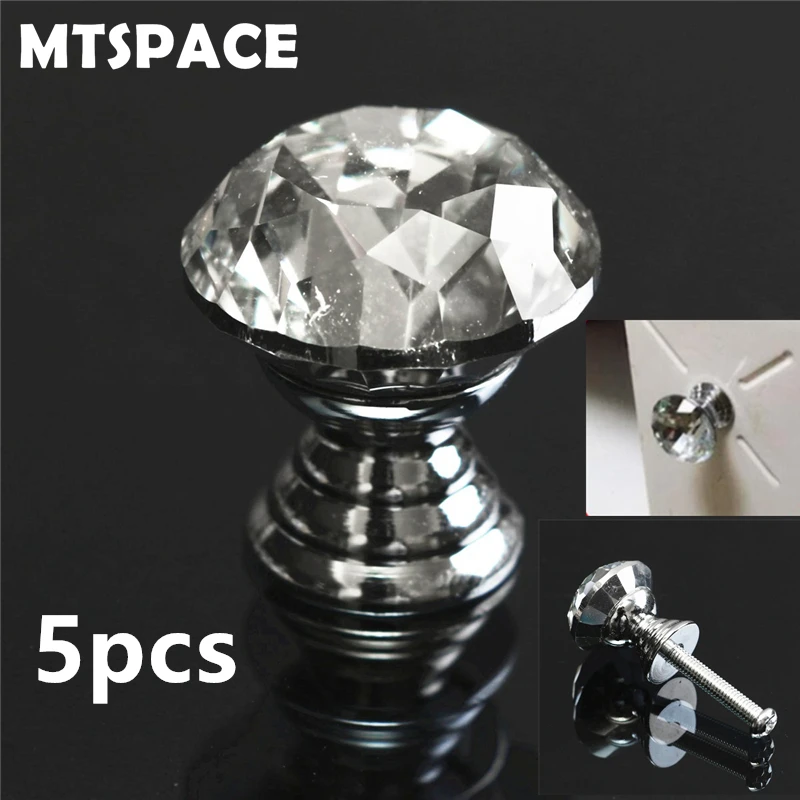 MTSPACE 20mm Crystal Zinc Alloy 5Pcs/Set Cabinet Knob Drawer Pull Handle Kitchen Door Wardrobe Hardware Crystal Glass Clear