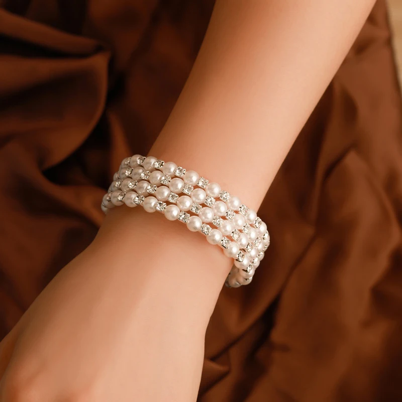 

Genuine Natural Freshwater Pearl Bracelets Bangles For Women with White Clay Zircon Ball Elasticity Jewelry Gift