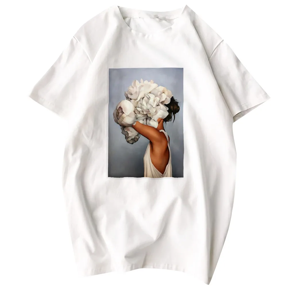 

New Harajuku Aesthetics Tshirt Sexy Flowers Feather Print Short Sleeve Tops Tees Summer Fashion kawaii Casual Sweet Lady T-Shirt