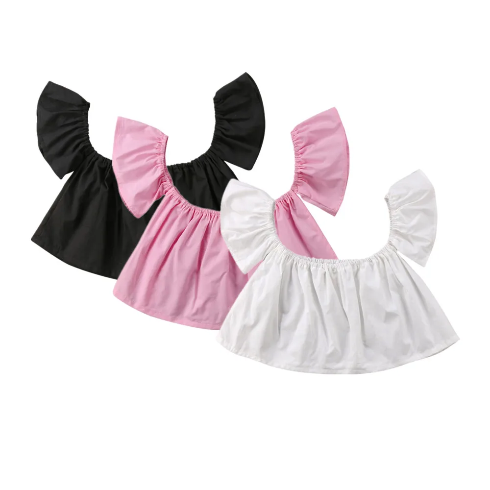 Однотонная футболка с открытыми плечами для новорожденных девочек, розовый, белый, черный цвет, милая летняя блузка