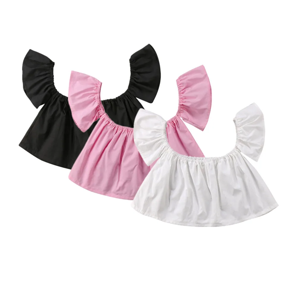 

2018 Newborn Infant Baby Girls Off Shoulder Solid Pink White Black Crop T-shirt Blouse Cute Summer