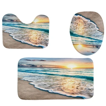 

4Pcs Home Bathroom Decor Set Bathroom Wave Pattern Toilet Seat Cover Bath Mat Set+ Waterproof Shower Curtain