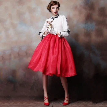 

Puffy Organza Ball Skirt Red Chic Elastic Waist Women Causal Skirts Princess Pleated Custom Made Dusty Blue Gray Burgundy Colors